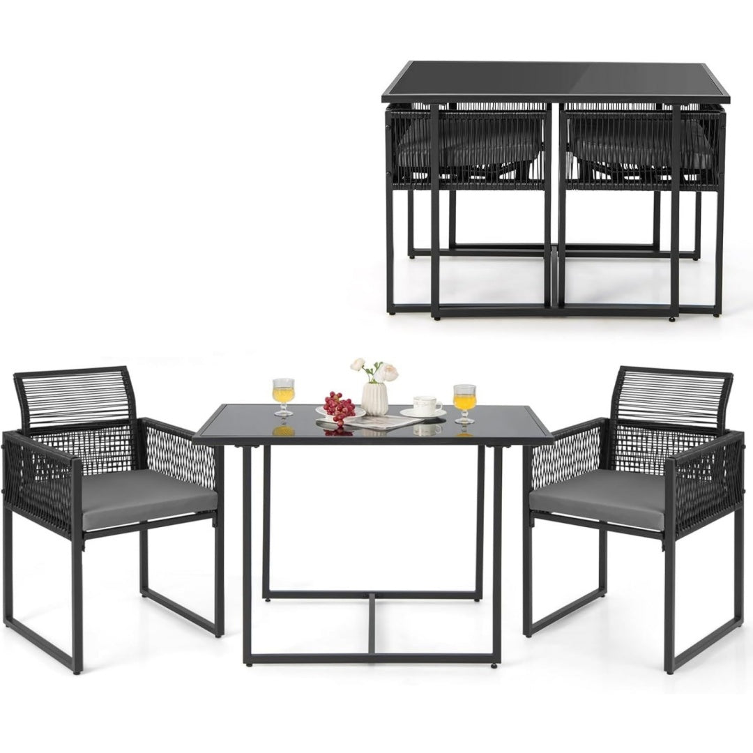 Set pranzo da giardino pieghevole in rattan sintetico nero con design versatile