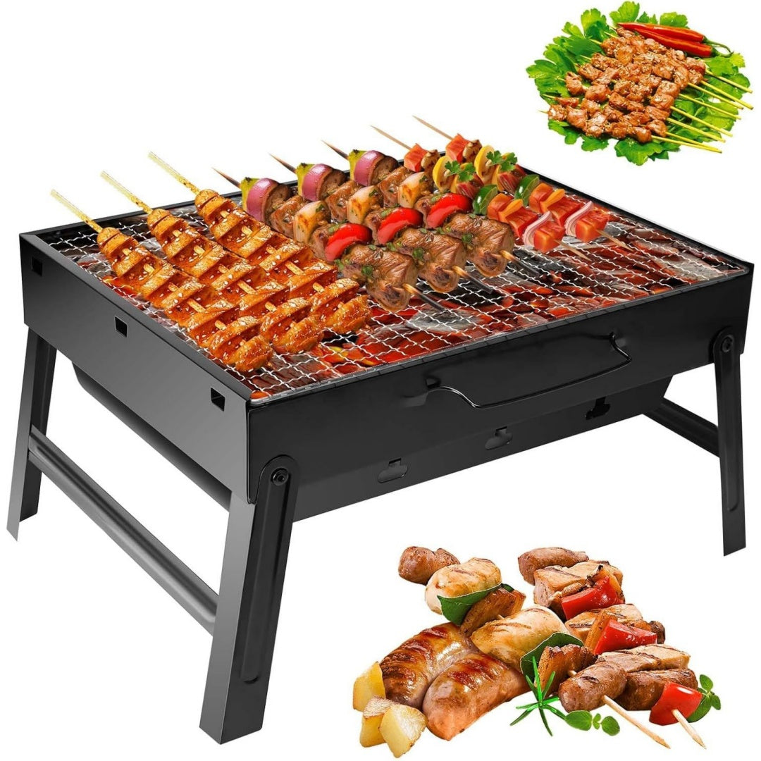 Barbecue a carbone pieghevole con struttura in acciaio nero con design versatile pieghevole